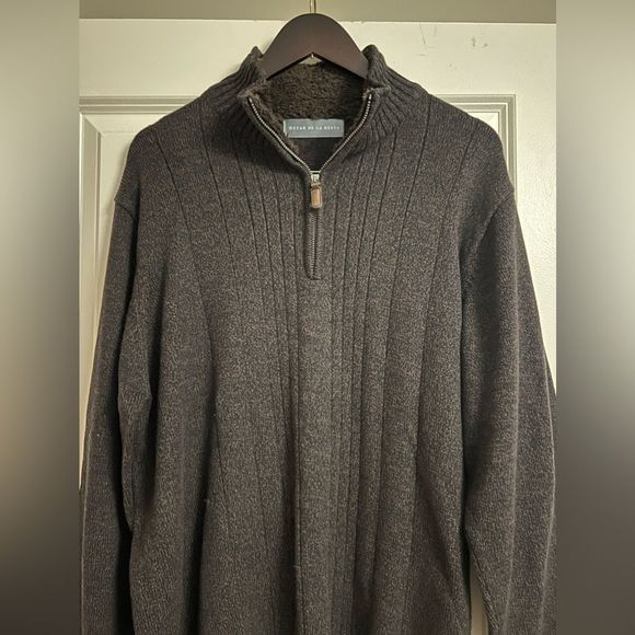 Oscar DeLa Renta 1/4Zip Dark Brown Mock Neck Ribbed Sherpa Lined Neck Sweater XL - Picture 6 of 16